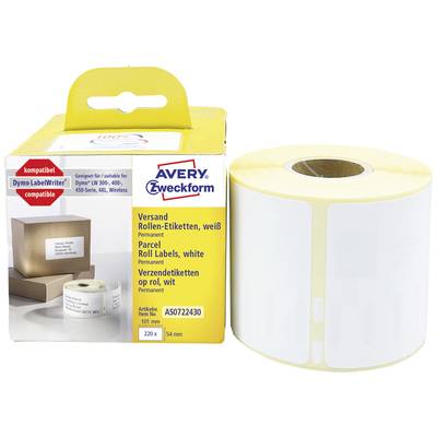 Emballage jaune Avery Zweckform avec étiquettes d'expédition blanches en rouleau. Compatible avec les étiqueteuses Dymo LabelWriter. Rouleau de 220 étiquettes.