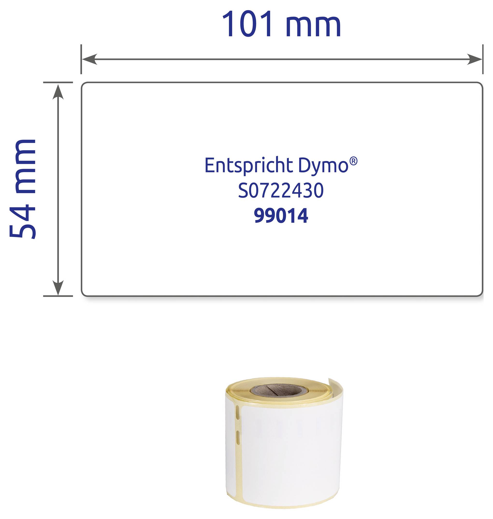 Croquis dimensionnel d'un rouleau d'étiquettes : 101 mm de large et 54 mm de haut, compatible avec Dymo S0722430 respectivement 99014 ; le rouleau est illustré ci-dessous.