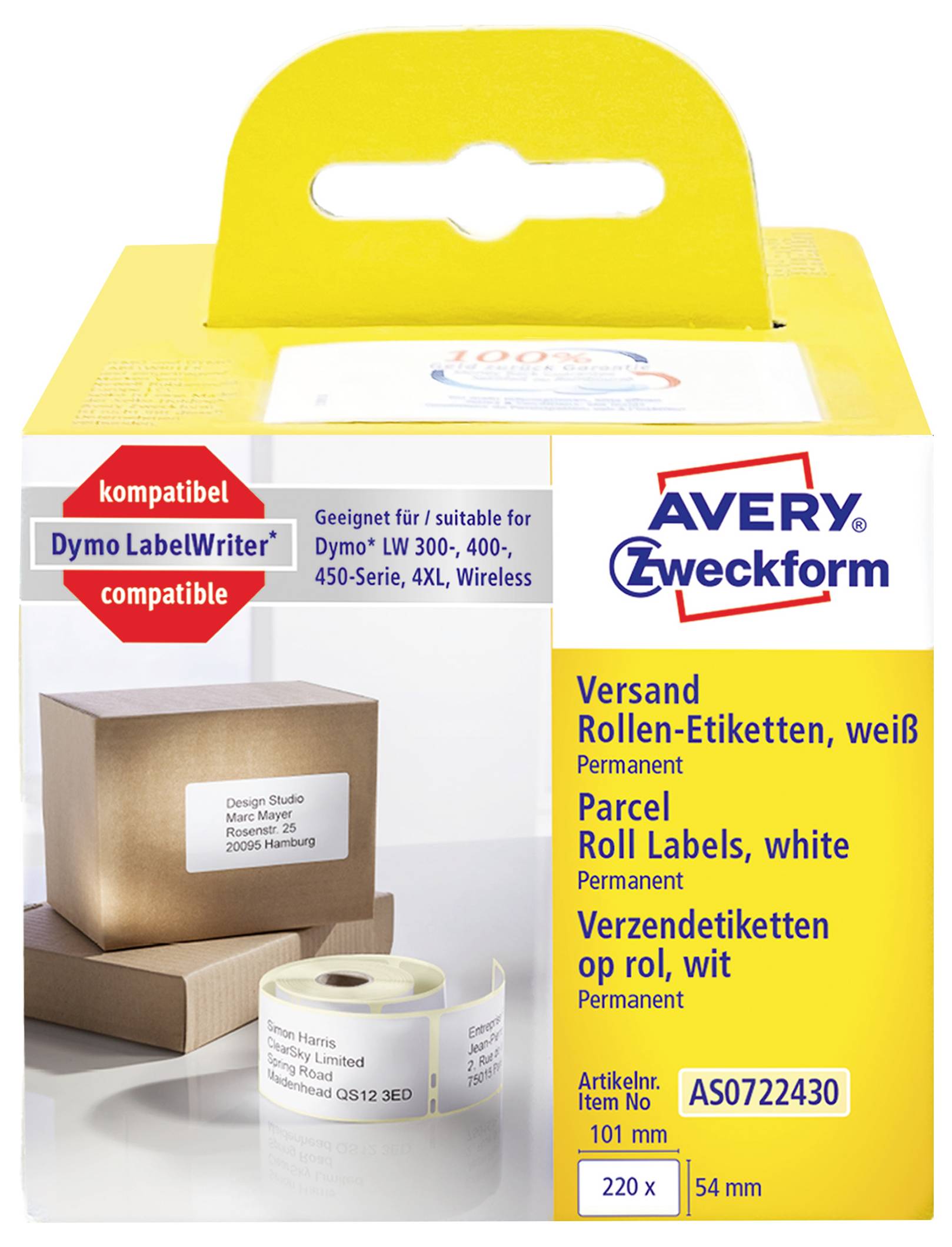 Étiquettes de rouleau de colis blanc permanent Avery Zweckform pour imprimantes Dymo LabelWriter, avec une photo des rouleaux d'étiquettes et d'une boîte d'expédition