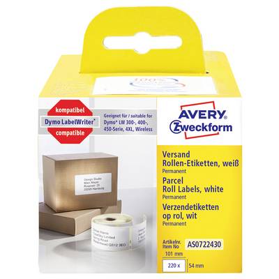 Étiquettes de rouleau de colis blanc permanent Avery Zweckform pour imprimantes Dymo LabelWriter, avec une photo des rouleaux d'étiquettes et d'une boîte d'expédition