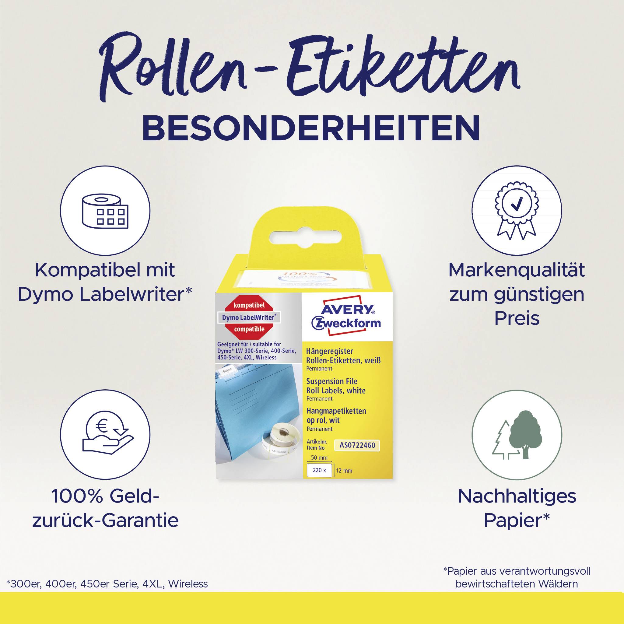 'Caractéristiques des Étiquettes en Rouleau' : Compatible avec Dymo Labelwriter, qualité de marque à prix abordable, garantie de remboursement à 100%, papier durable.