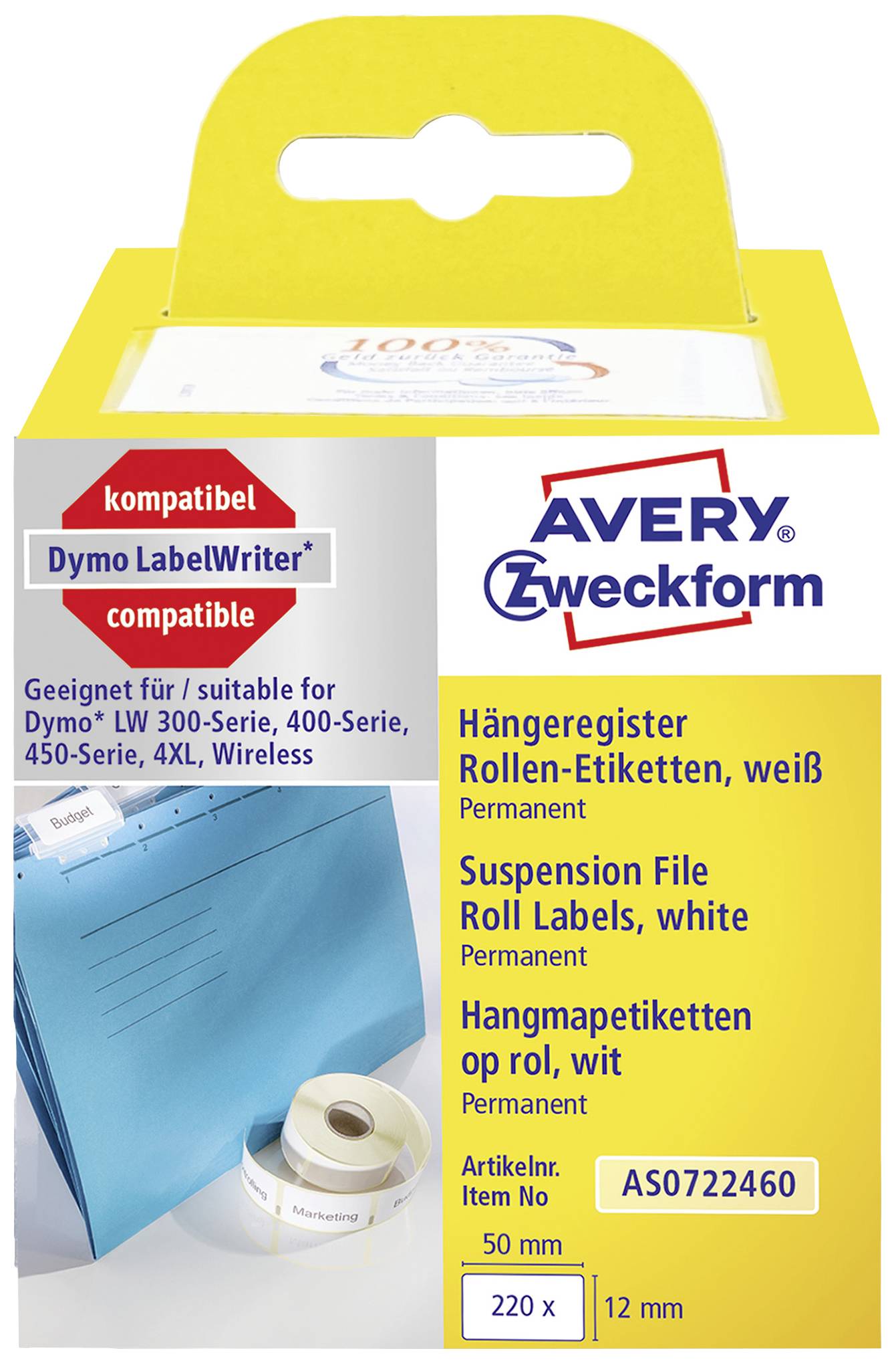 'Étiquettes blanches permanentes pour dossiers suspendus, compatibles avec Dymo LabelWriter. 220 pièces, 50 mm x 12 mm.'