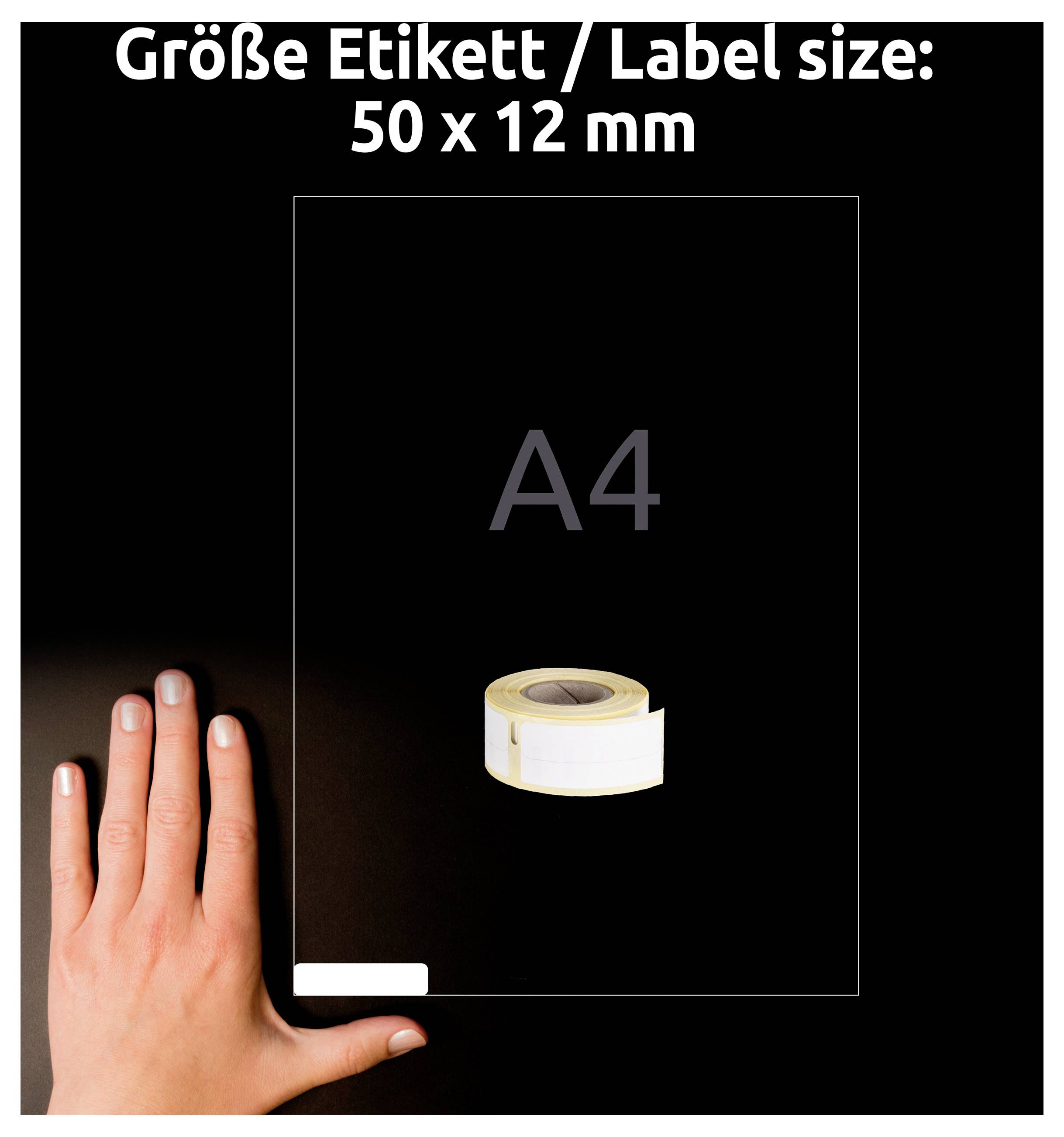 Graphique comparatif : Étiquette de taille 50 x 12 mm sur feuille A4, avec main comme référence d'échelle et rouleau d'étiquettes en dessous.