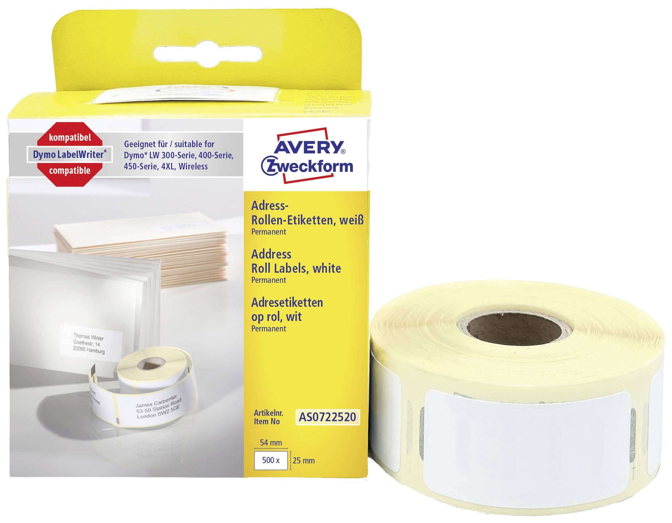Avery-Zweckform Rouleau d'étiquettes 54 x 25 mm papier blanc 500 pc(s) fixation permanente AS0722520 Etiquette pour adre