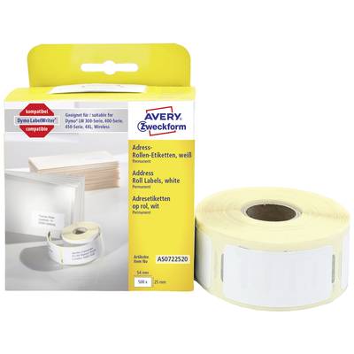 Avery-Zweckform Rouleau d'étiquettes 54 x 25 mm papier blanc 500 pc(s) fixation permanente  AS0722520 Etiquette pour adr