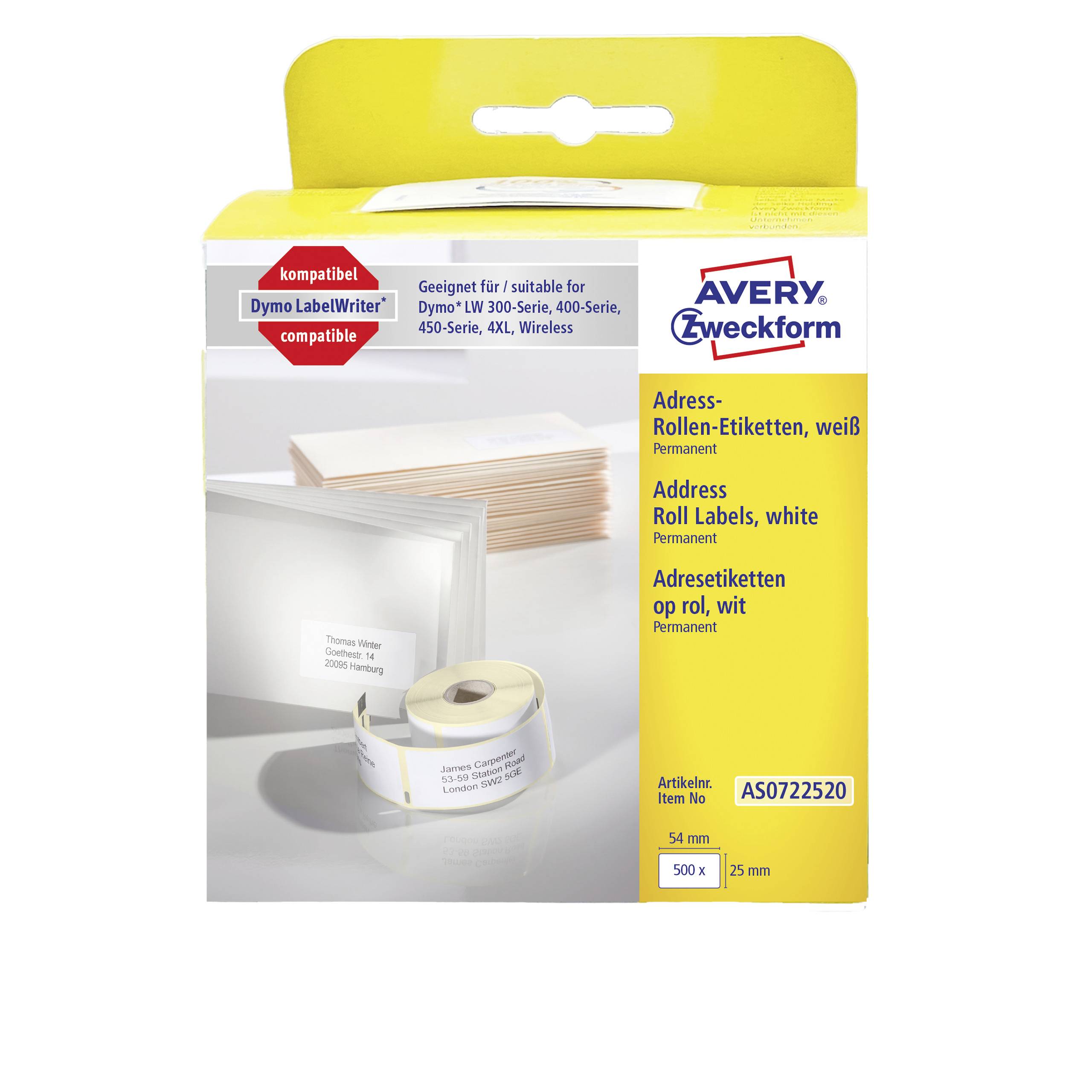 Étiquettes d'adresse en rouleau Avery Zweckform, à fond jaune, couleur blanche. Compatibles avec Dymo LabelWriter. 500 pièces, 36 x 89 mm.