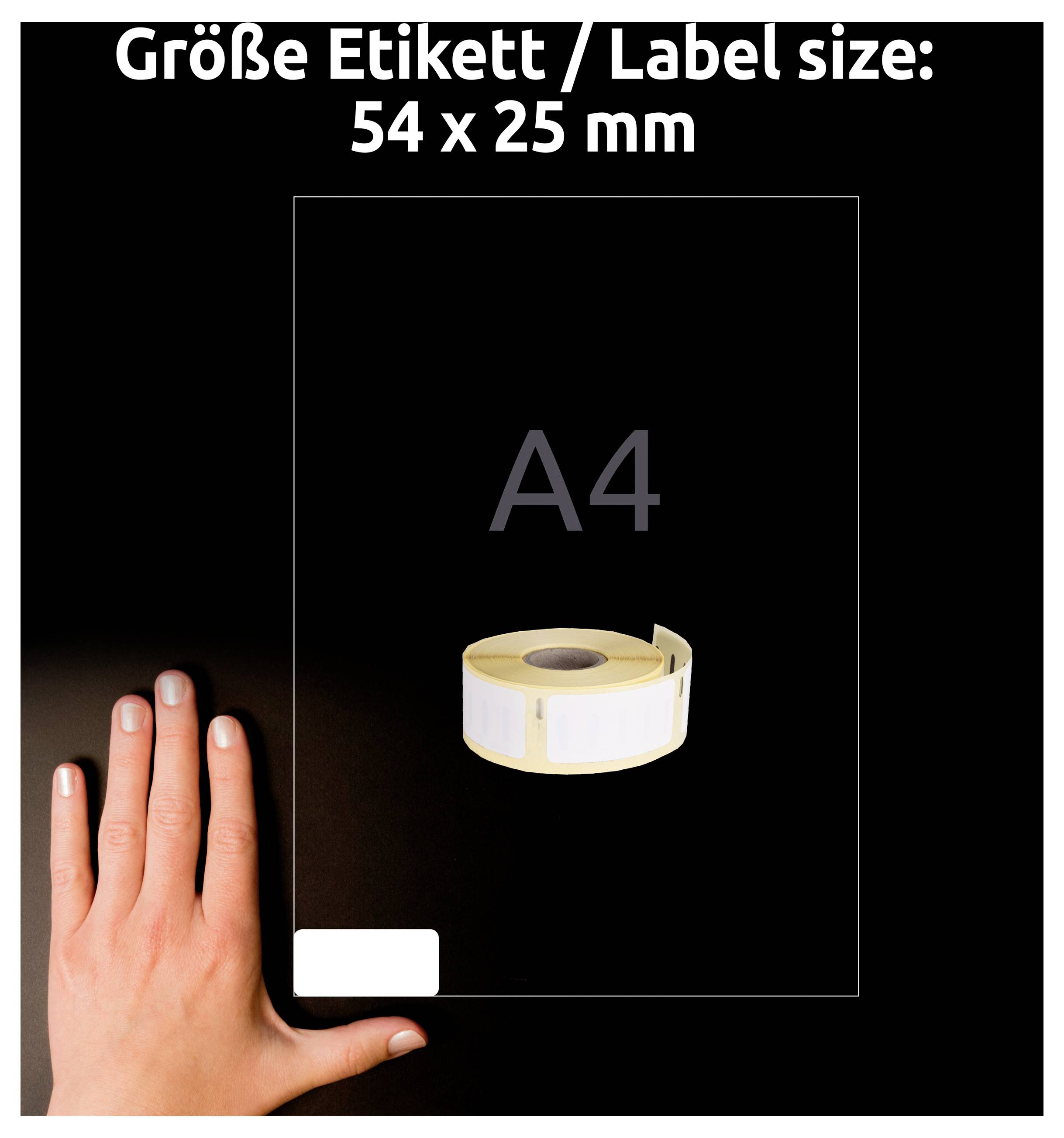 Graphique comparatif : Taille d'étiquette « 54 x 25 mm » sur feuille A4 avec main comme échelle ; petite étiquette blanche, rouleau présenté au centre.