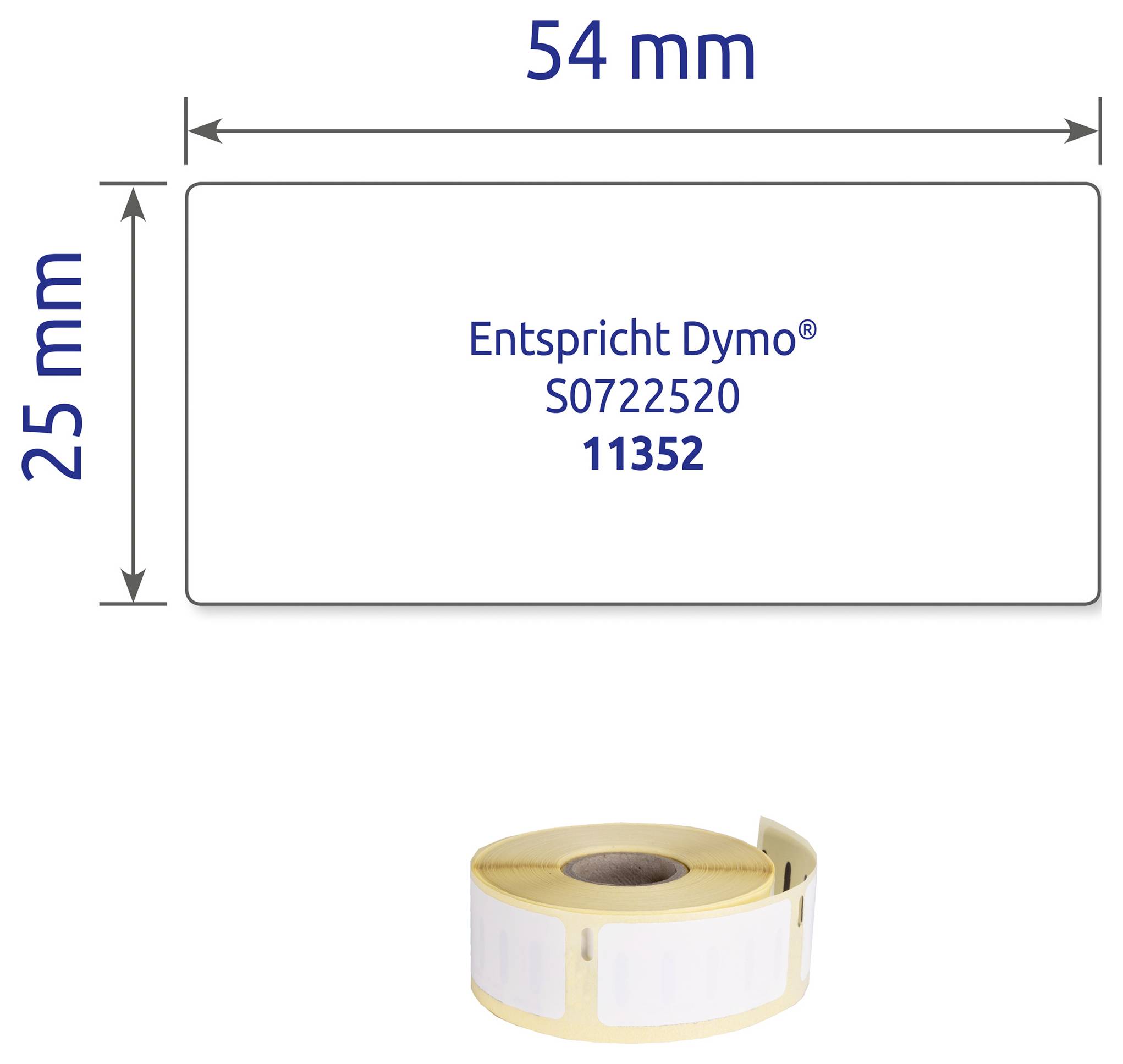 Rouleau d'étiquettes avec étiquette 54 x 25 mm, compatible avec Dymo ; le rouleau lui-même est illustré ci-dessous.