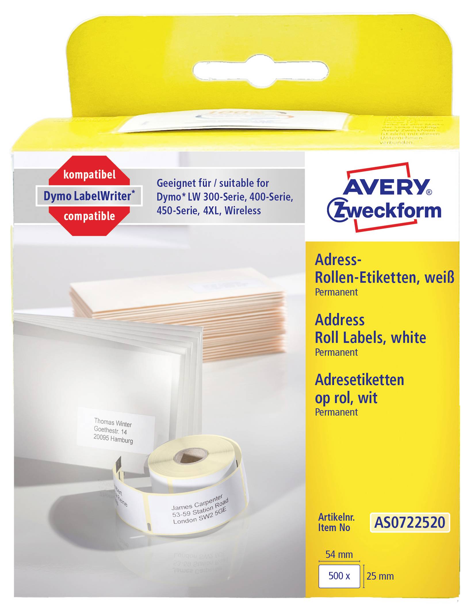 Emballage pour étiquettes adhésives de rôle d'adresse blanches Avery Zweckform, compatibles avec Dymo LabelWriter; article AS0722520, 500 étiquettes, 54 mm x 25 mm.