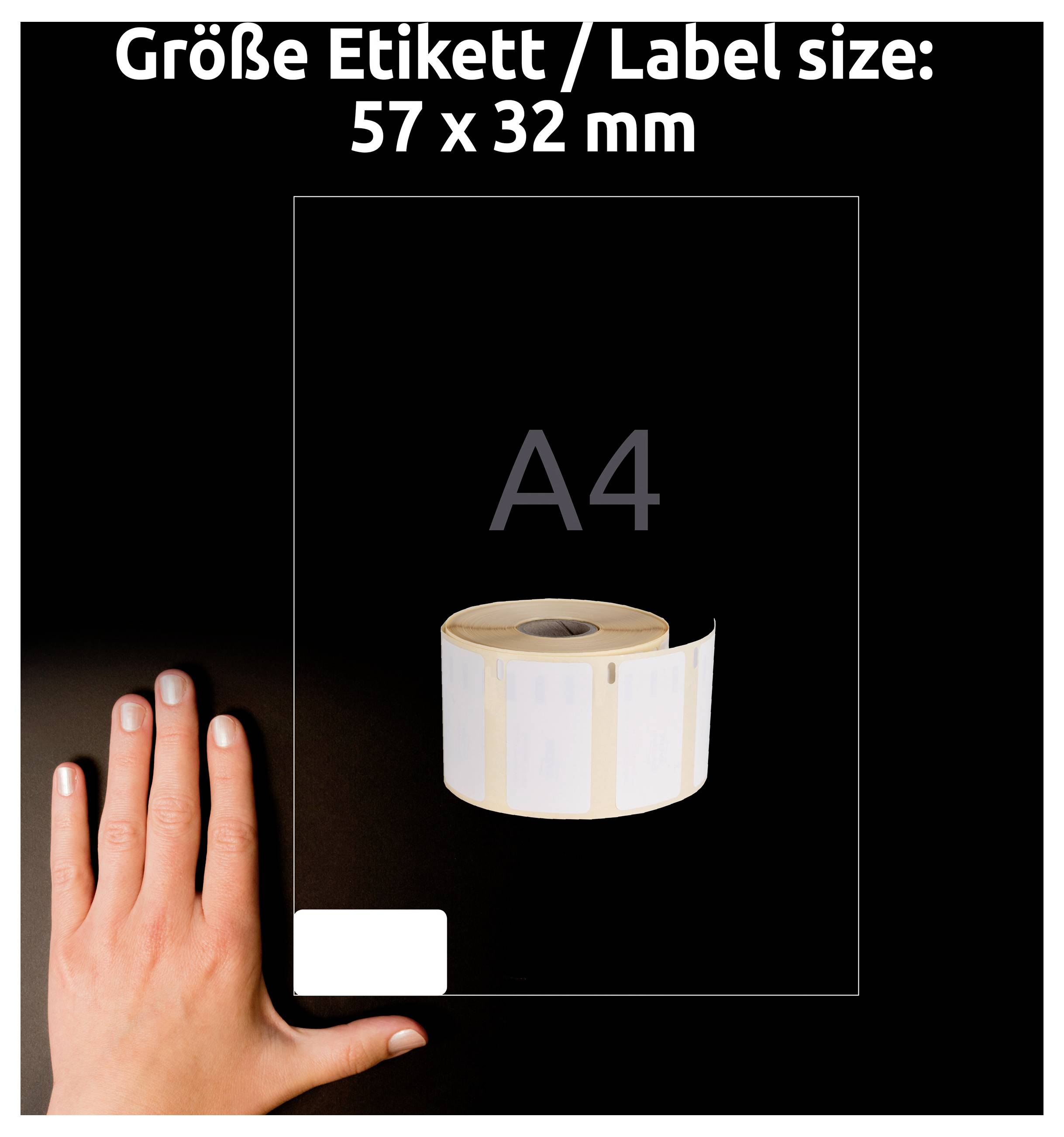 Graphique comparatif d'une étiquette de taille 57 x 32 mm sur A4 ; la main sert d'échelle, rouleau d'étiquettes au centre.