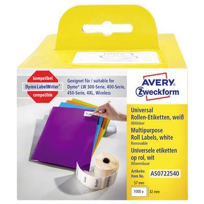 Paquet d'étiquettes en rouleau universel Avery Zweckform, étiquettes blanches amovibles pour imprimantes Dymo LabelWriter et similaires, article AS0722540, 57 mm x 32 mm, 1000 étiquettes.