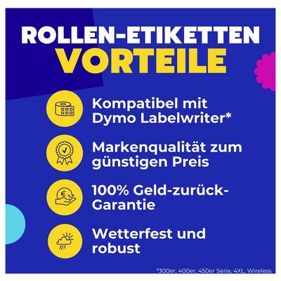 Graphique publicitaire pour étiquettes en rouleau avec le titre « Avantages » : compatible avec Dymo Labelwriter, qualité de marque à prix avantageux, garantie de remboursement 100%, résistant aux intempéries et robuste.