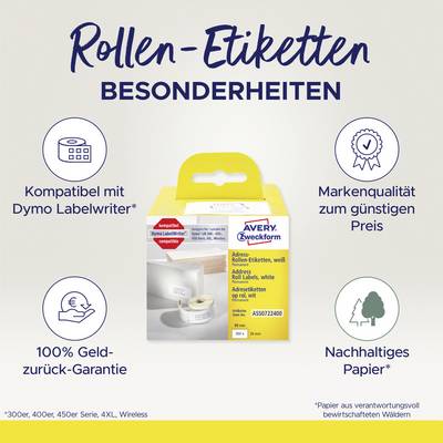 Caractéristiques des Étiquettes en Rouleau : Compatible avec Dymo Labelwriter, Qualité de marque, Garantie de remboursement à 100%, Papier durable.