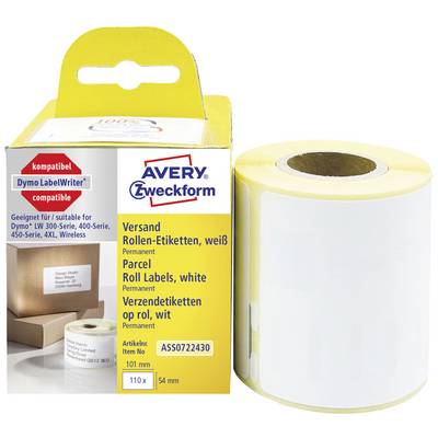Une boîte jaune contenant des étiquettes d'expédition blanches autocollantes de la marque Avery Zweckform. Compatibles avec les imprimantes Dymo LabelWriter.