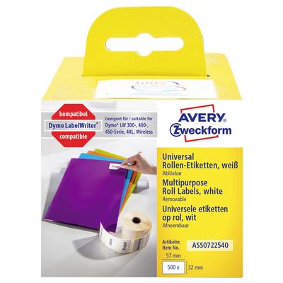 Paquet d'étiquettes adhésives universelles blanches Avery Zweckform, compatible avec Dymo LabelWriter et 500 étiquettes, 57 x 32 mm, amovibles.