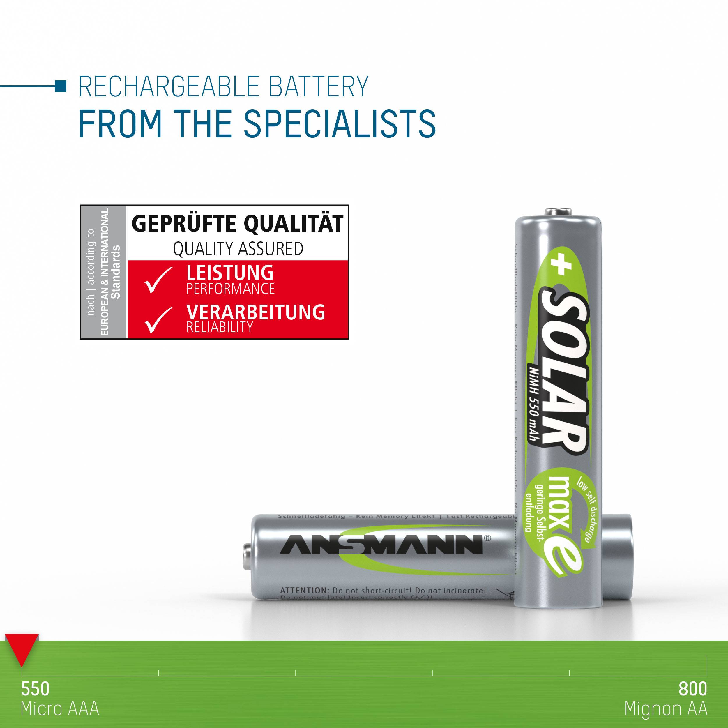 Batterie rechargeable de la marque Ansmann, modèle 'Mignon AA' et 'Micro AAA', avec des caractéristiques de qualité en termes de performance et de fabrication.