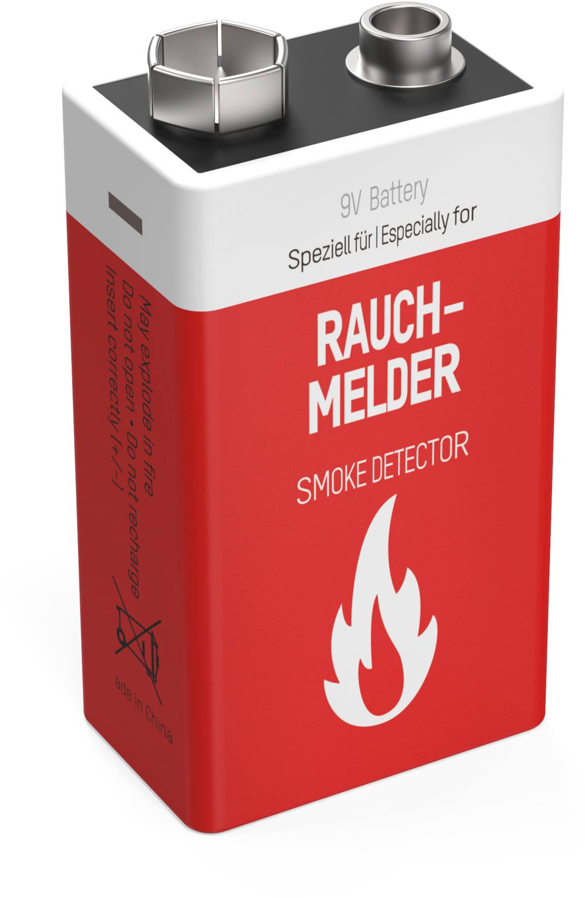 Pile 9V spéciale pour détecteur de fumée avec boîtier rouge et symbole de flamme.