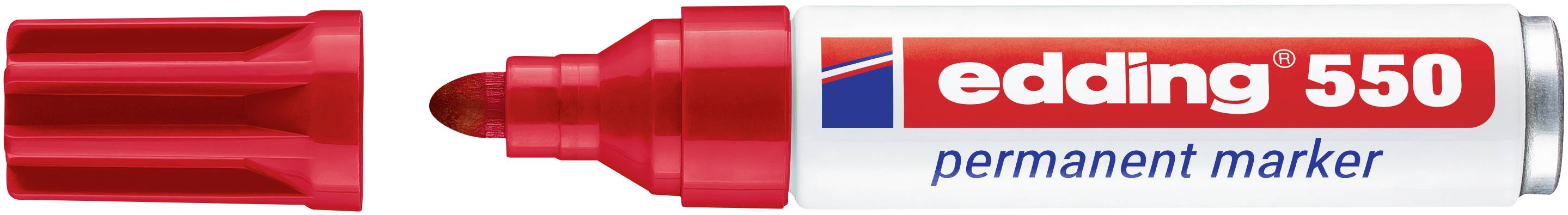 Marqueur permanent Edding 550 rouge avec le capuchon retiré, montrant la pointe et le corps blanc étiqueté « marqueur permanent edding 550 ».