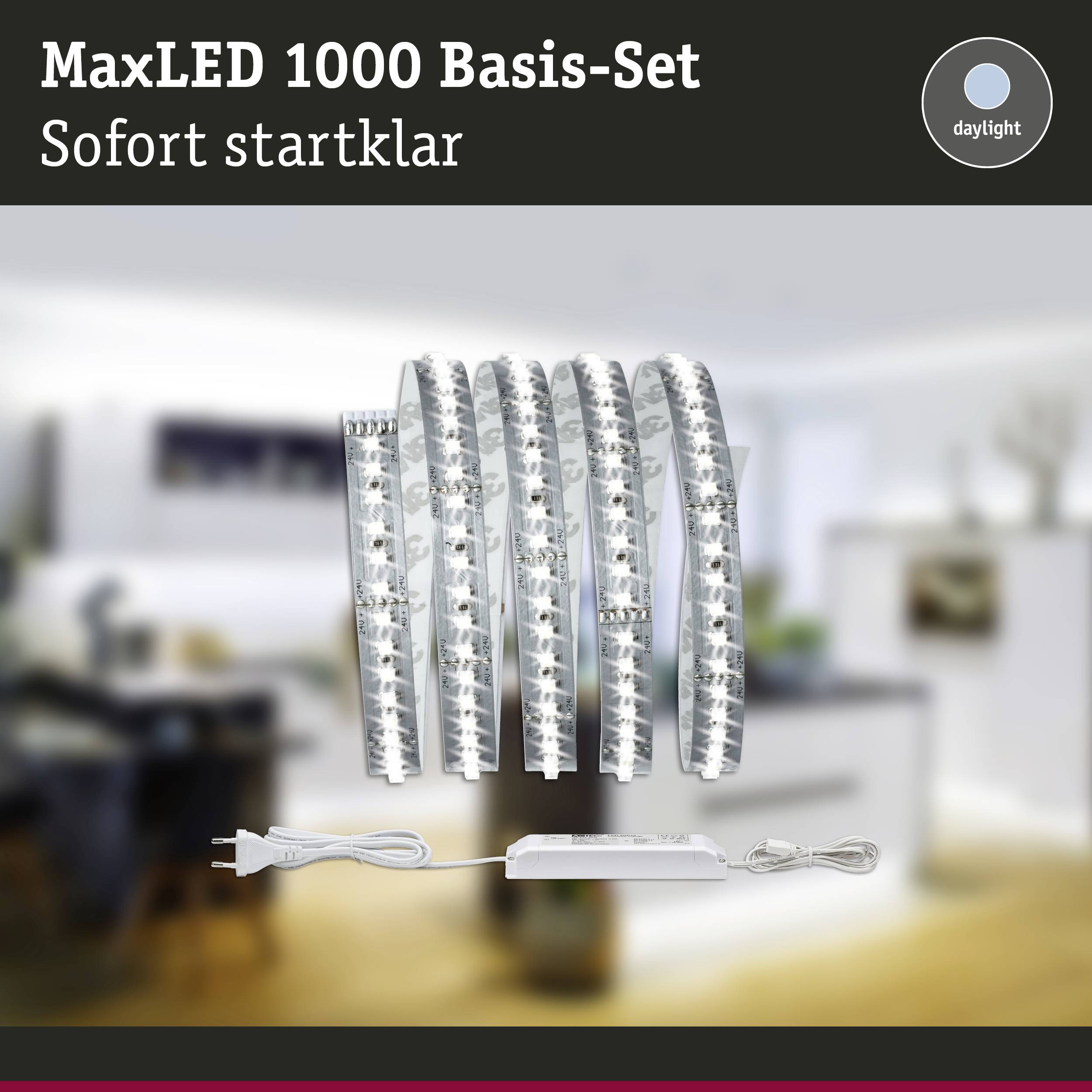 'Ensemble de base MaxLED 1000, prêt à l'emploi immédiat. Comprend des LED avec température de couleur lumière du jour, adapté à l'aménagement intérieur.'