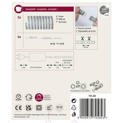 'Kit de bande LED complète, longueur de 3 m, 550 lumens/45 W, extensible jusqu'à 6 m. Comprend un câble de connexion, variateur en option.'
