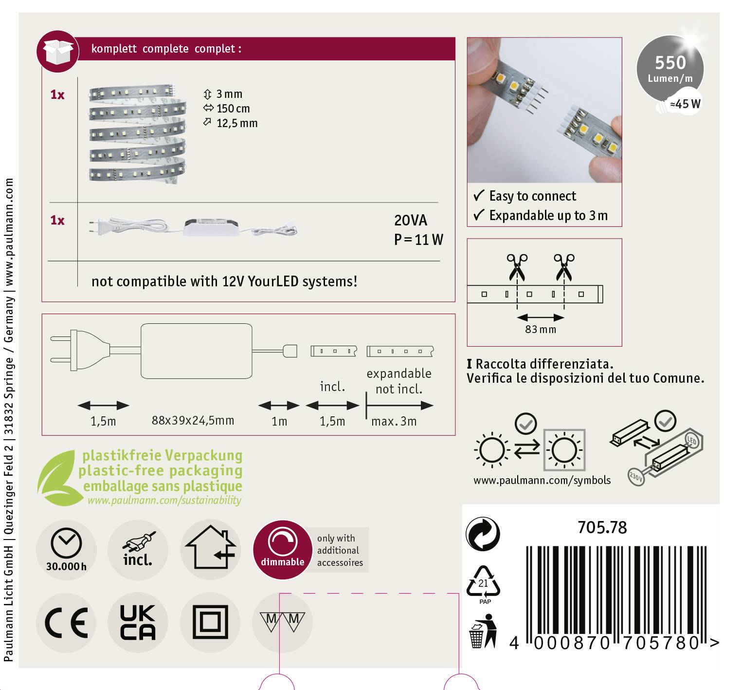 'Ensemble d'éclairage avec bande LED, câble de connexion et transformateur, non compatible avec les systèmes 12V. Facile à connecter, extensible.'