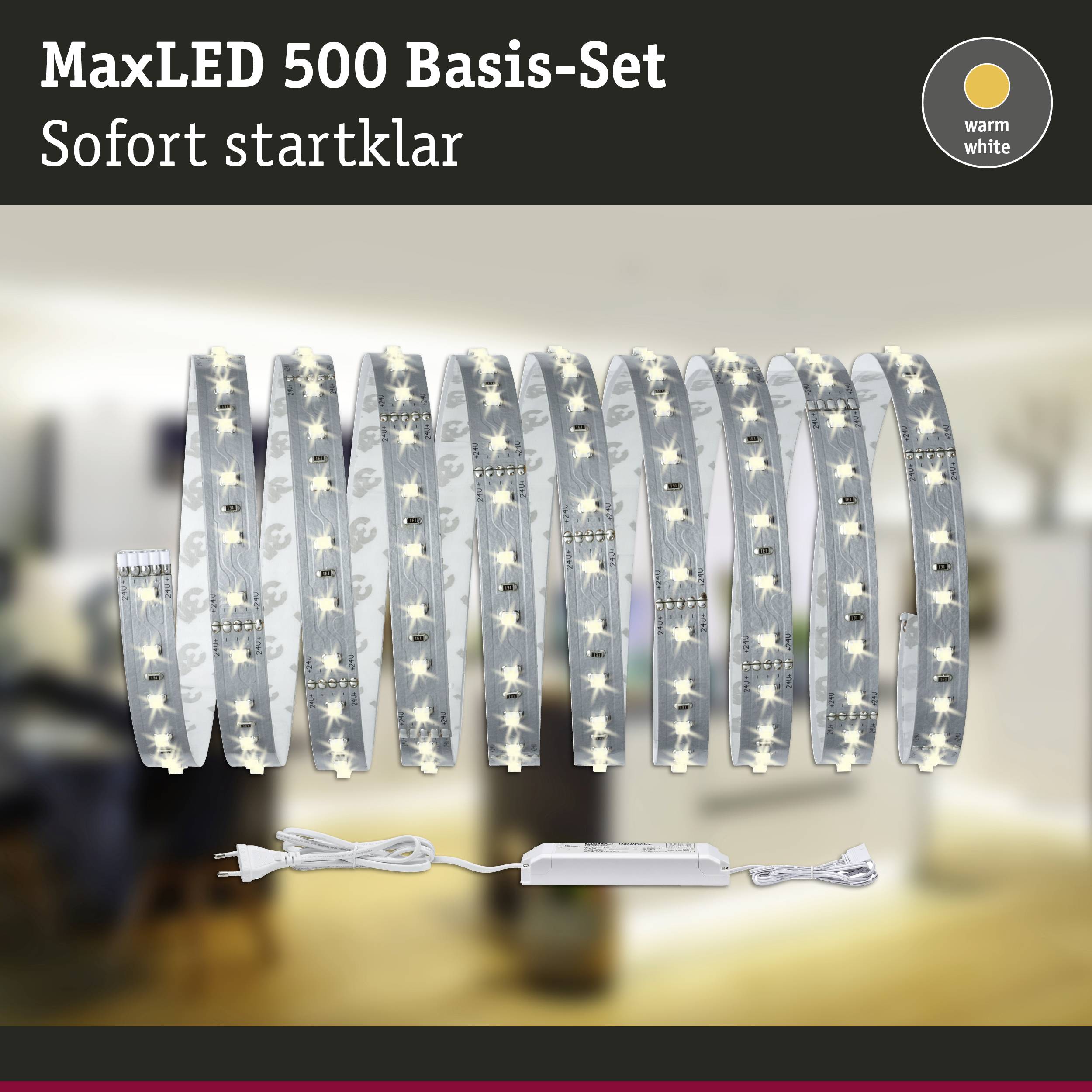 MaxLED 500 Ensemble de Base, prêt à l'emploi. Comprend des bandes LED à lumière blanche chaude avec alimentation, prêtes à être installées à l'intérieur.