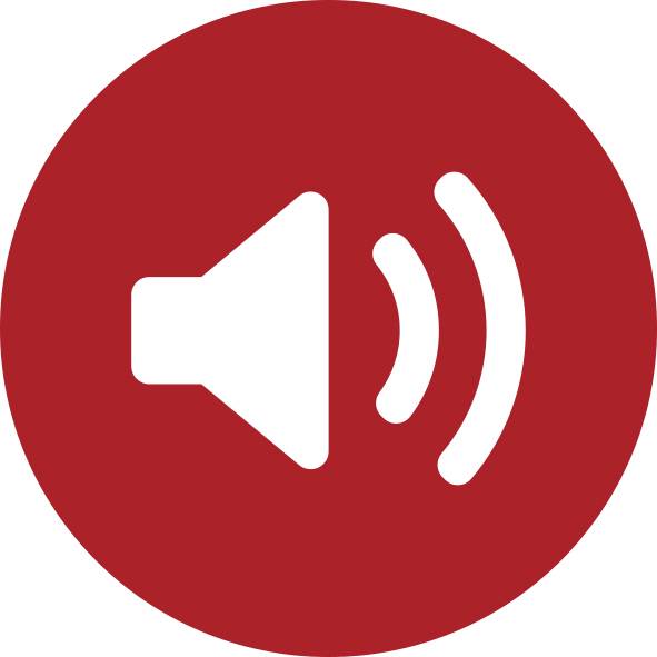Icône de haut-parleur circulaire rouge avec des ondes sonores, indiquant l'audio ou le volume activé.