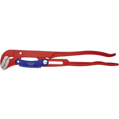 Une clé à molette rouge avec une poignée bleue et une surface de préhension dentelée, adaptée pour saisir et faire tourner des tuyaux.
