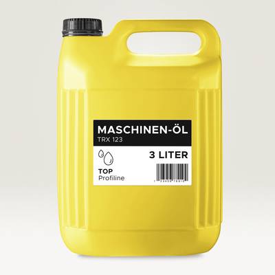 Bidon jaune avec couvercle noir. Étiquette : 'Huile pour machines TRX 123', '3 litres', 'Top Profline'.
