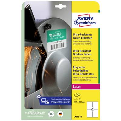 Emballage d'étiquettes d'Avery Zweckform pour étiquettes en film ultra-résistantes. Adaptées aux environnements difficiles, design jaune et bleu.
