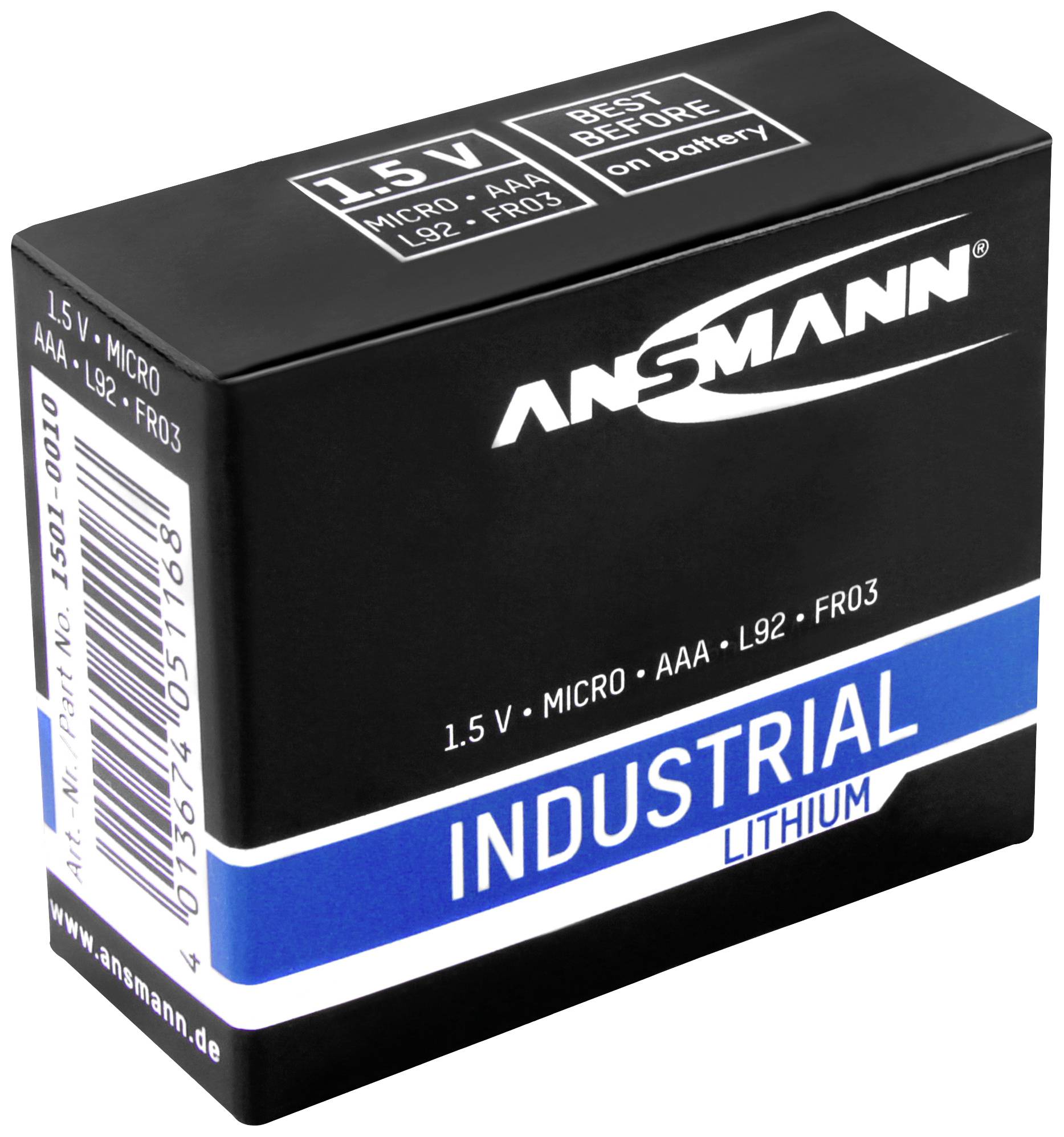 Emballage noir avec inscription blanche 'ANSMANN', bandes bleues et blanches, texte 'INDUSTRIAL LITHIUM', informations sur la batterie.