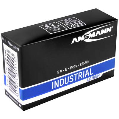 Emballage noir d'une pile lithium 9V de la marque Ansmann, avec l'inscription 'Industrial', date d'expiration 2025, numéro de produit sur le côté.