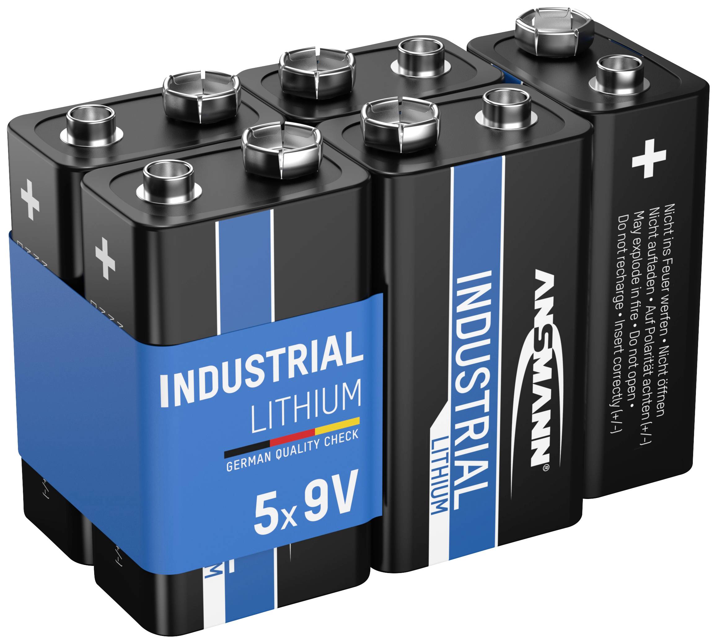 Cinq piles 9V regroupées, portant l'inscription 'INDUSTRIAL LITHIUM' et les détails de la marque. Contrôle qualité allemand mentionné.