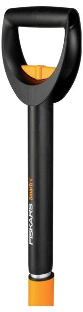 Une poignée de pelle ergonomique noir et orange, dotée d'une prise en anneau en D, conçue pour le confort et la facilité d'utilisation.