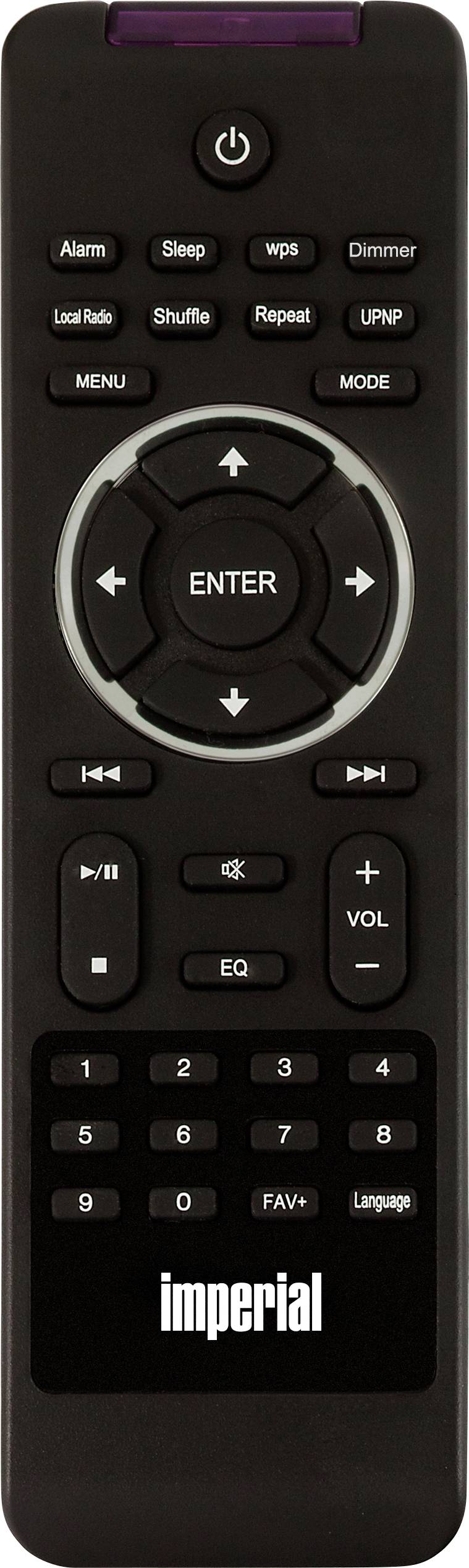 Télécommande avec touches telles que 'Entrée', volume, menu et pavé numérique. Nom de marque 'imperial' en bas.