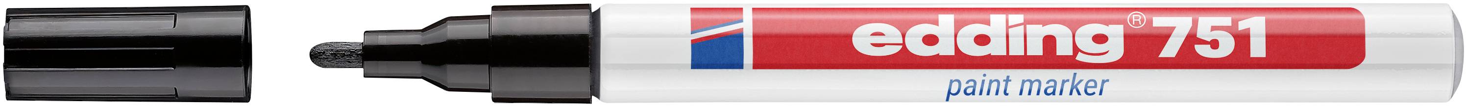 Marqueur peinture Black Edding 751 avec bouchon retiré, montrant la pointe et l'étiquette rouge et blanche sur un fond blanc.