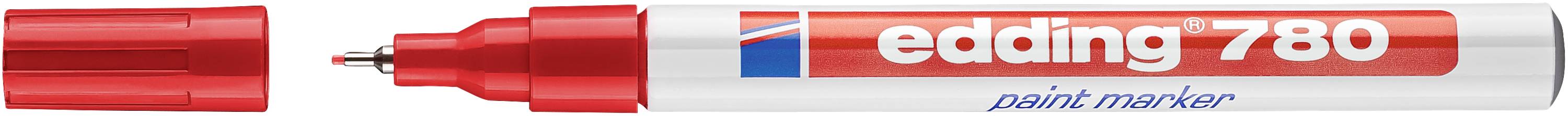 Stylo marqueur de peinture Red Edding 780 avec bouchon retiré, montrant la pointe et le corps argenté de marque.