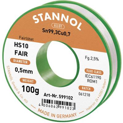 Bobine de soudure Stannol, alliage Sn99,3Cu0,7, diamètre 0,5 mm, poids 100 g, fabriqué en Allemagne.