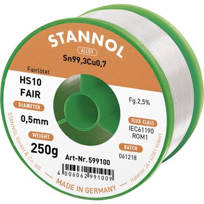 Rouleau de soudure avec inscription 'STANNOL'. Diamètre 0,5 mm, poids 250 g, alliage Sn99,3Cu0,7. Fabriqué en Allemagne.