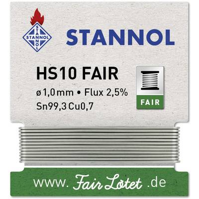 Emballage de soudure avec inscription 'HS10 FAIR'. Détails : Ø 1,0 mm, Flux 2,5%, Sn99,3 Cu0,7. Marque : Stannol. Site web 'www.FairSoudure.de'.