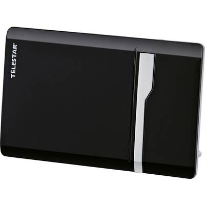 Antenne 'TELESTAR' DVB-T2, noire, rectangulaire avec bande argentée.