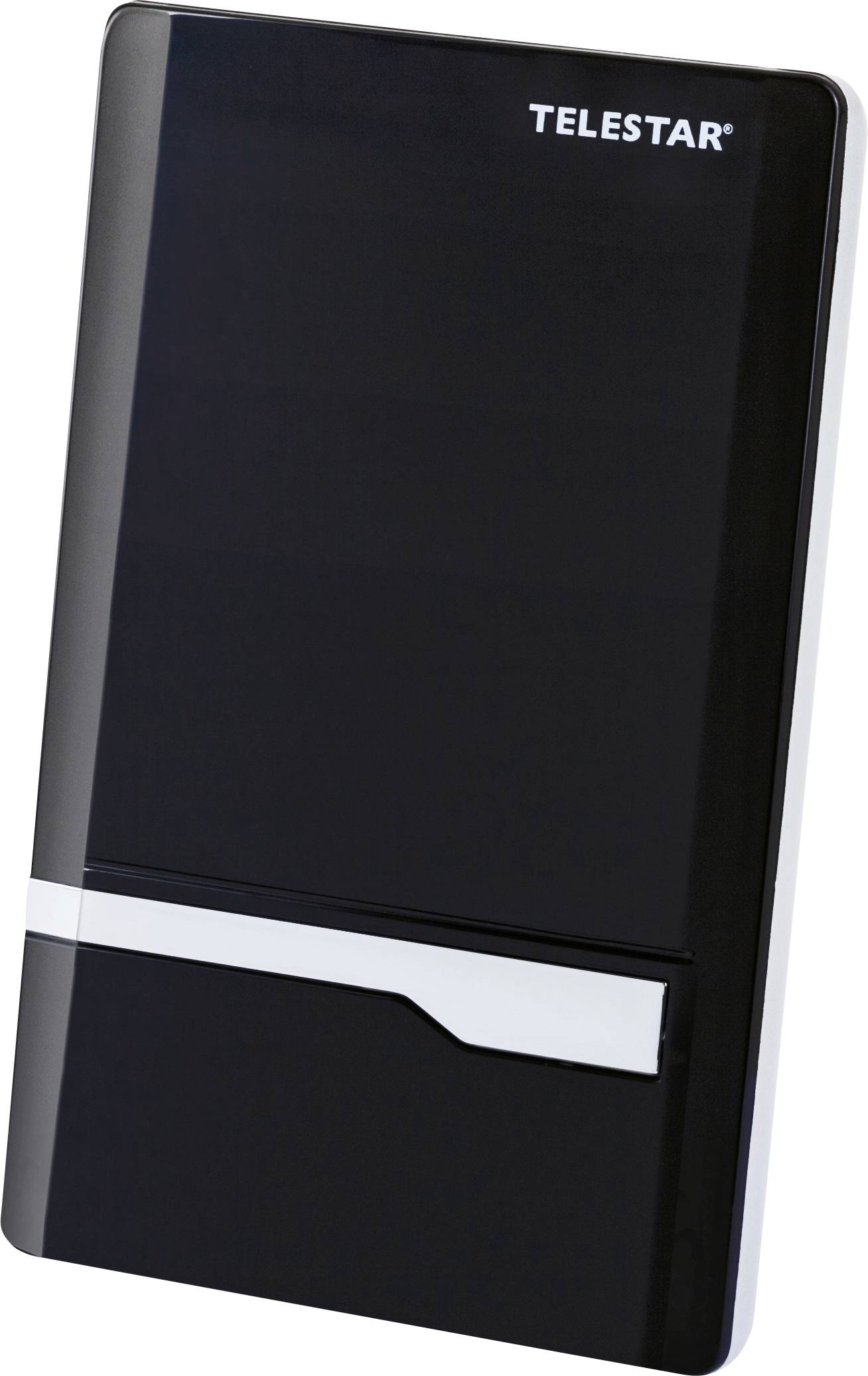 Antenne noire rectangulaire avec une ligne argentée et l'inscription 'Telestar' en haut à droite.