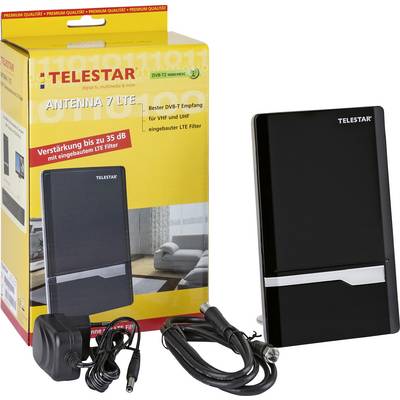Une antenne TV noire rectangulaire 'TELESTAR Antenna 7 LTE' à côté d'un emballage jaune contenant un câble et un adaptateur secteur.
