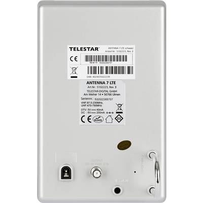 Arrière d'une antenne avec différentes connexions et un autocollant présentant des spécifications techniques et un code-barres.