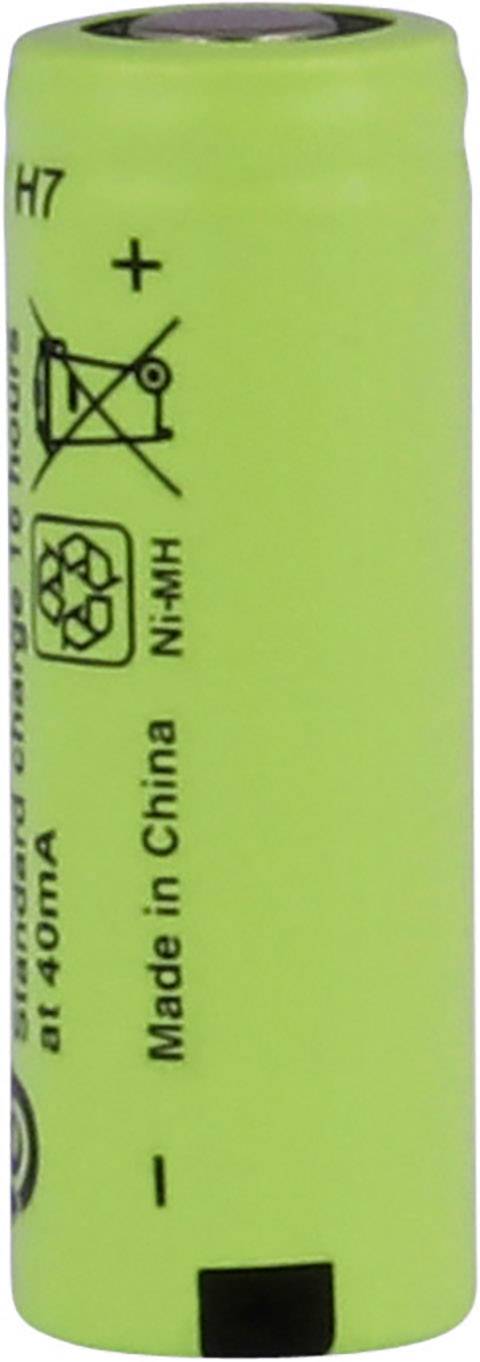 Une batterie Ni-MH cylindrique verte avec indication des pôles positif et négatif. Le texte inscrit dessus indique « Made in China » et « Standard charge 16 hours at 40mA ».
