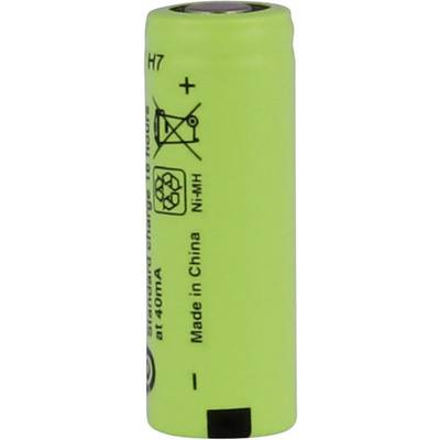 Une batterie Ni-MH cylindrique verte avec indication des pôles positif et négatif. Le texte inscrit dessus indique « Made in China » et « Standard charge 16 hours at 40mA ».