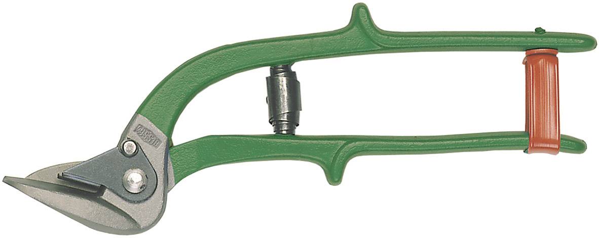 Ciseau de tôle vert avec poignée rouge, adapté pour couper des tôles métalliques fines.