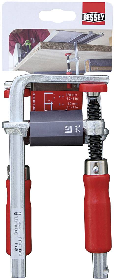 Étau à vis BESSEY avec poignée rouge et mâchoire de serrage noire, adapté aux travaux d'atelier. L'emballage présente des instructions d'utilisation.