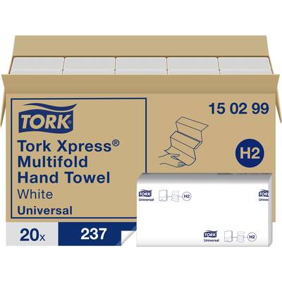 Carton de Tork Xpress® Essuie-mains Multifold, blanc, Universel, H2. Contient 20 paquets de 237 essuie-mains chacun. Référence produit : 15 02 99.