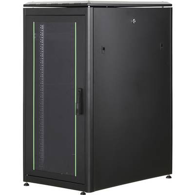 'Une armoire serveur noire avec porte en verre et des touches vertes, adaptée pour héberger du matériel réseau ou serveur.'